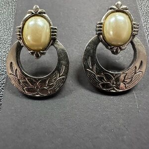 1928 Silver and Faux Pearl Pierced Earrings